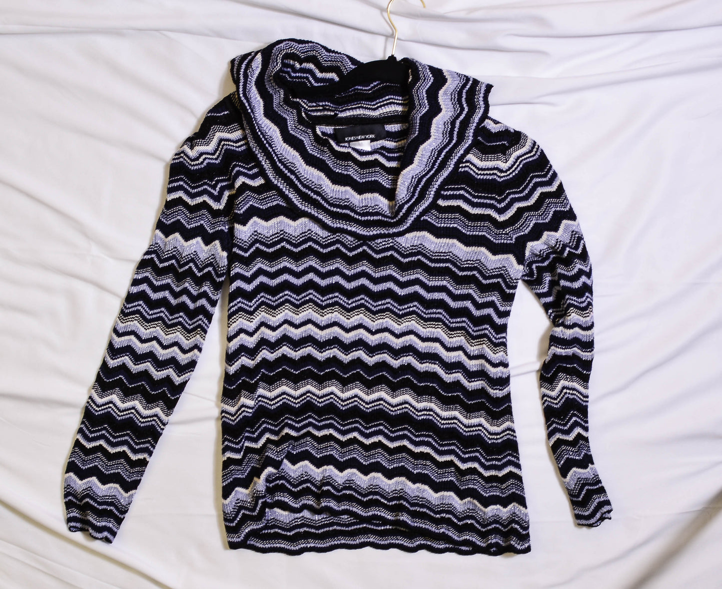 Wavy Striped Indigo Cowl Neck Sweater