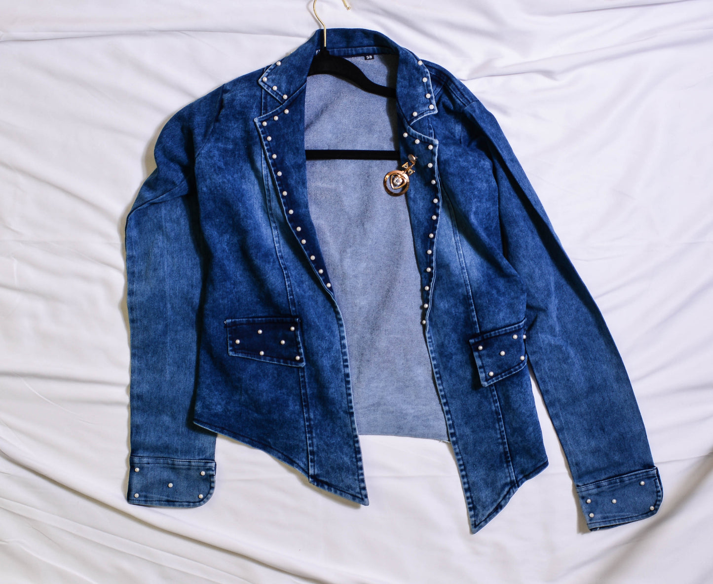 Denim Blazer W/ Pearls And Charm