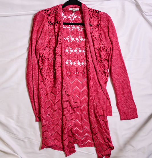 Hot Pink Floral Lace Long Cardigan