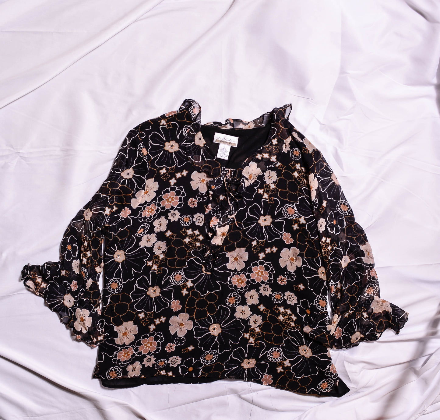 VINTAGE Ruffle Black And Yellow Floral Top