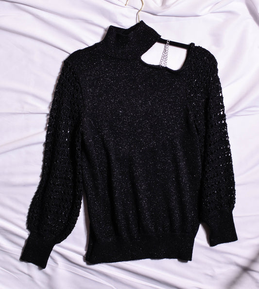 Black Cold Shoulder Chain Sweater