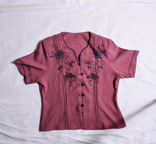 VINTAGE Pink Beaded Top W/ Star Buttons