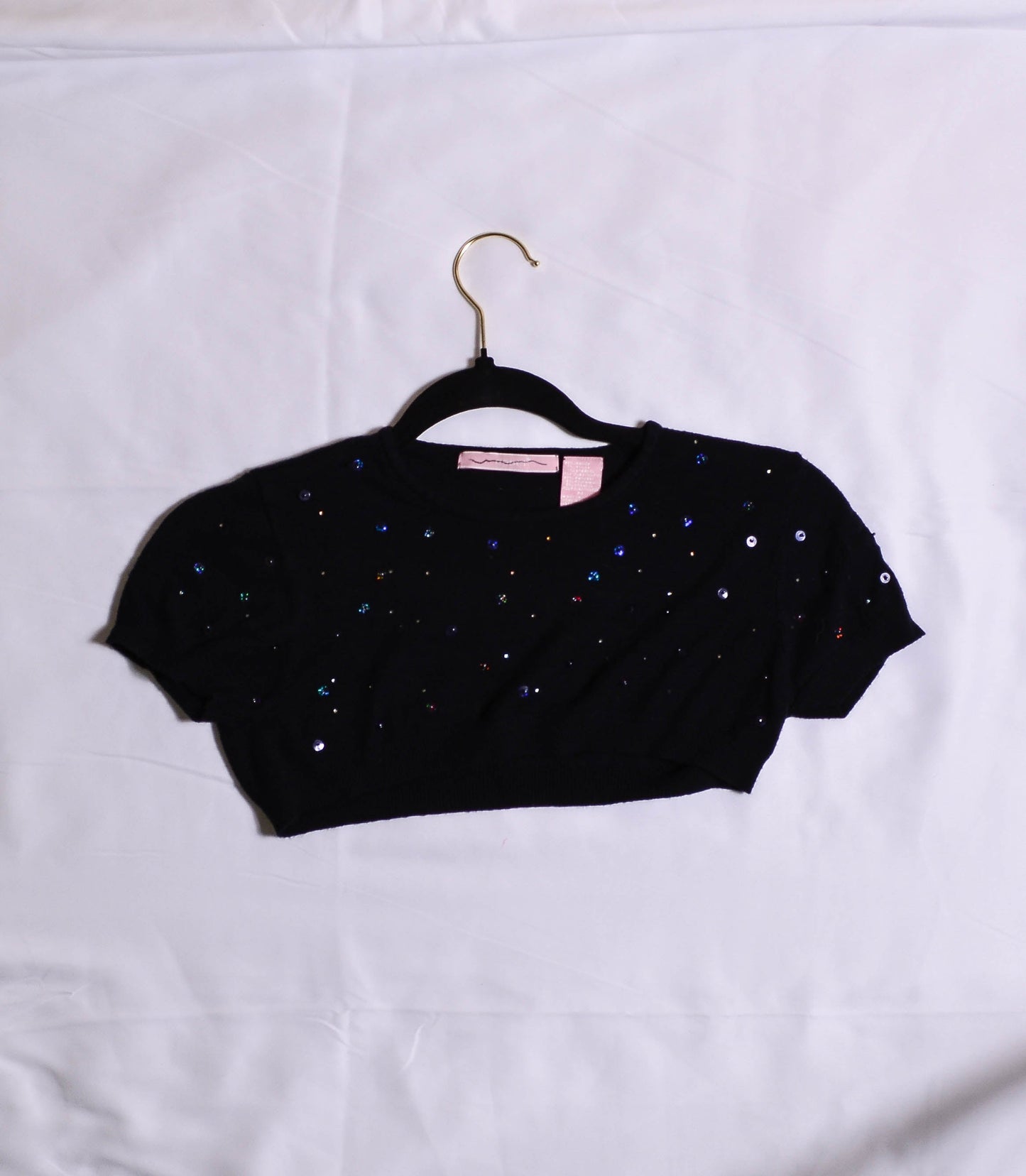 Black Cropped Shoulder Sequinned Short Sleeved Sweater