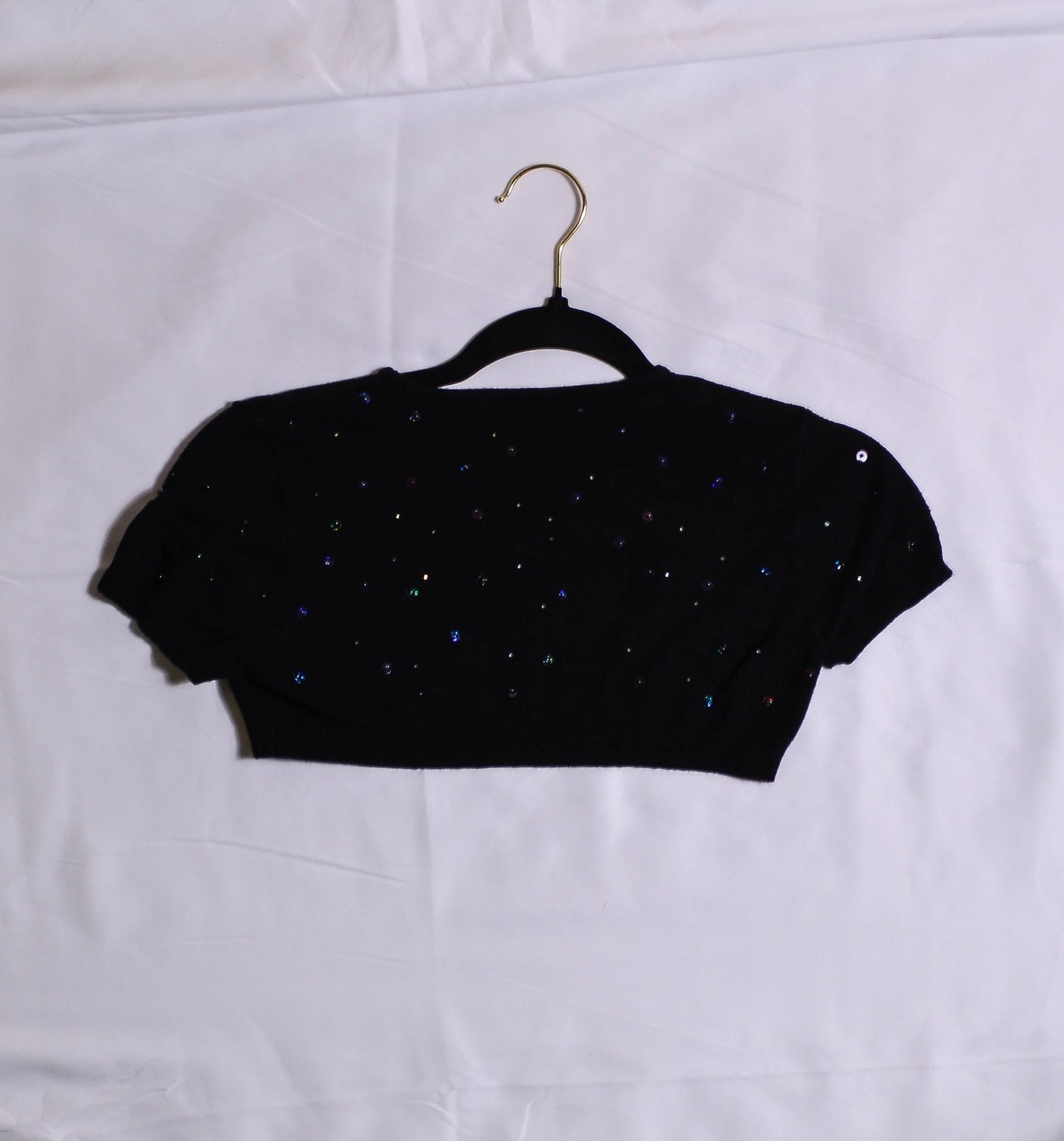 Black Cropped Shoulder Sequinned Short Sleeved Sweater