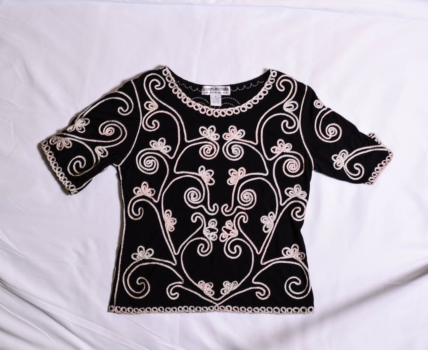 VINTAGE Black Embroidered Ribbon Blouse