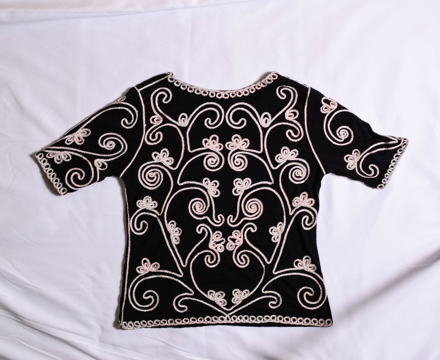 VINTAGE Black Embroidered Ribbon Blouse