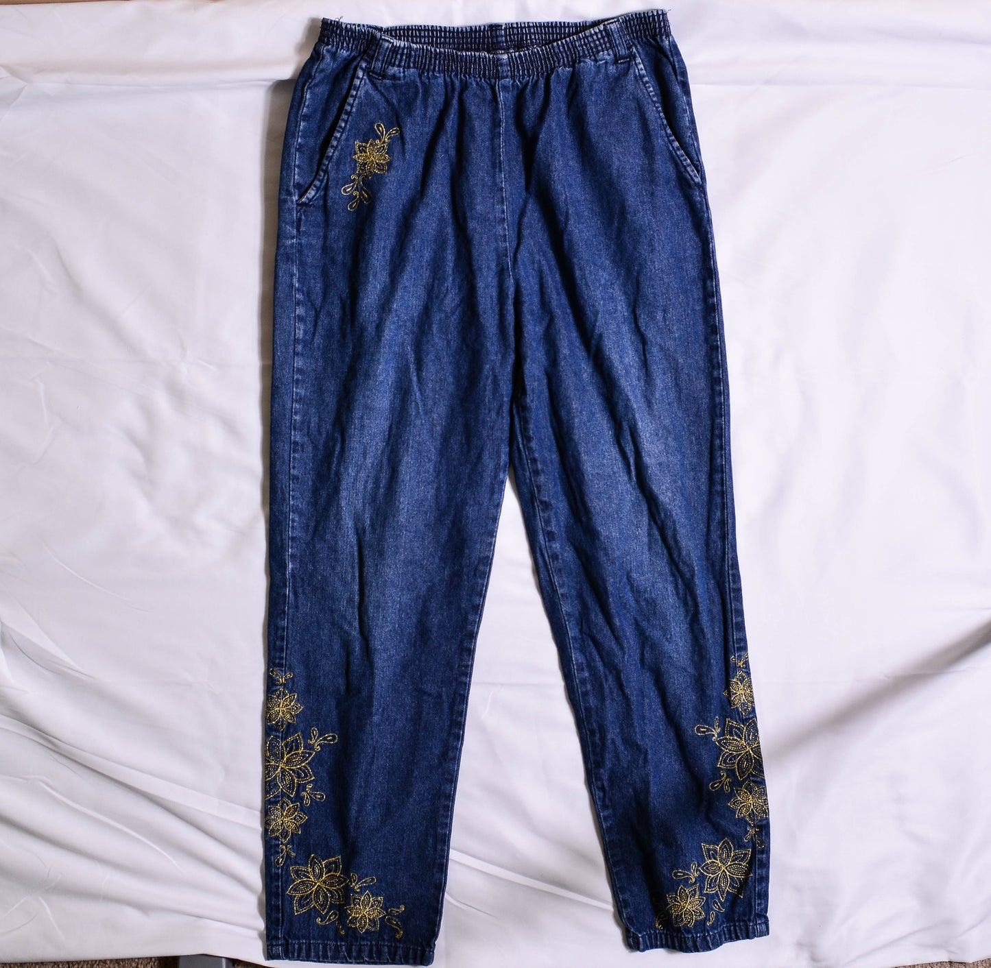 VINTAGE Gold Flower Embroidered Denim Pants