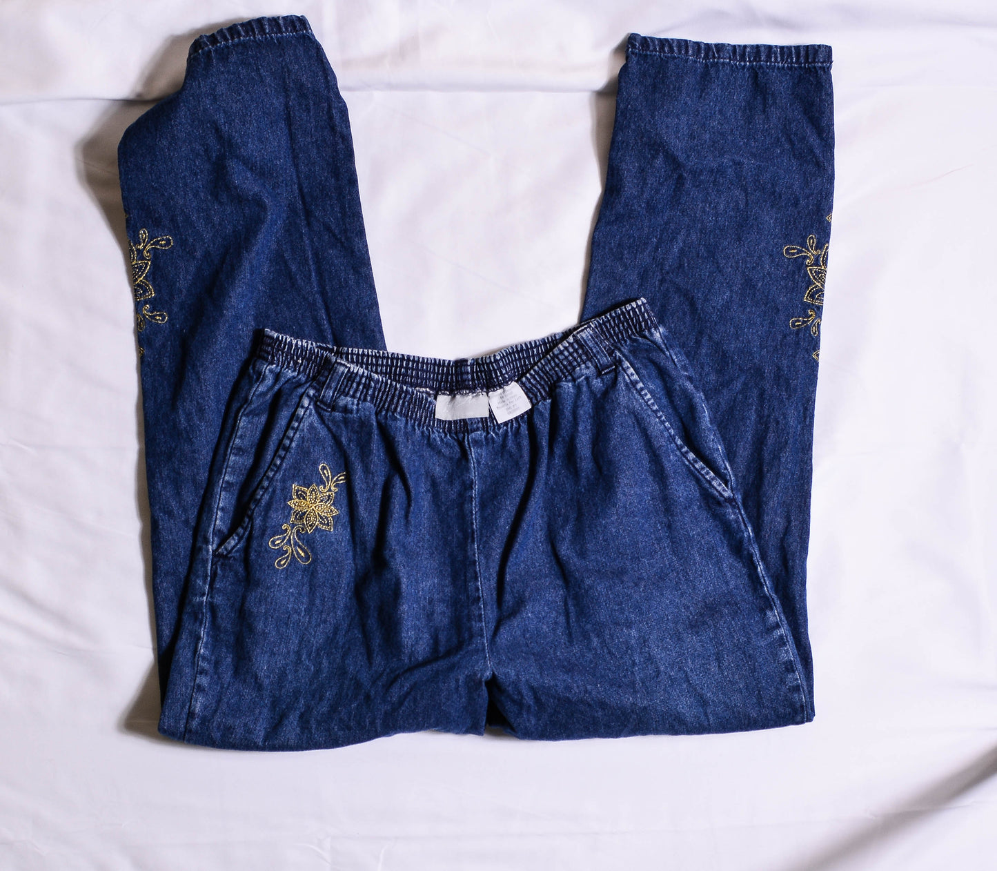 VINTAGE Gold Flower Embroidered Denim Pants