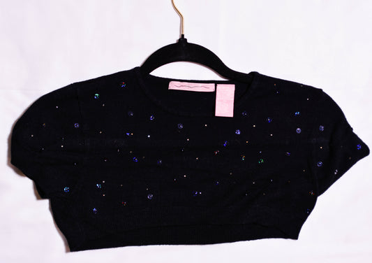 Black Cropped Shoulder Sequinned Short Sleeved Sweater