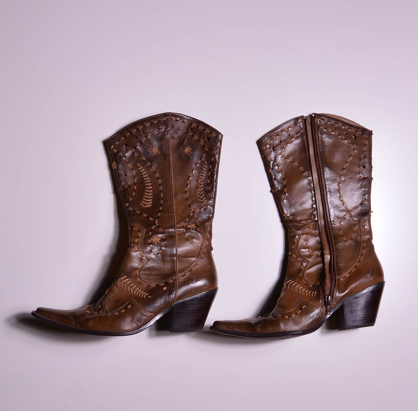 Brown Cowboy Boots /w Star Cutouts and Embroidery Details