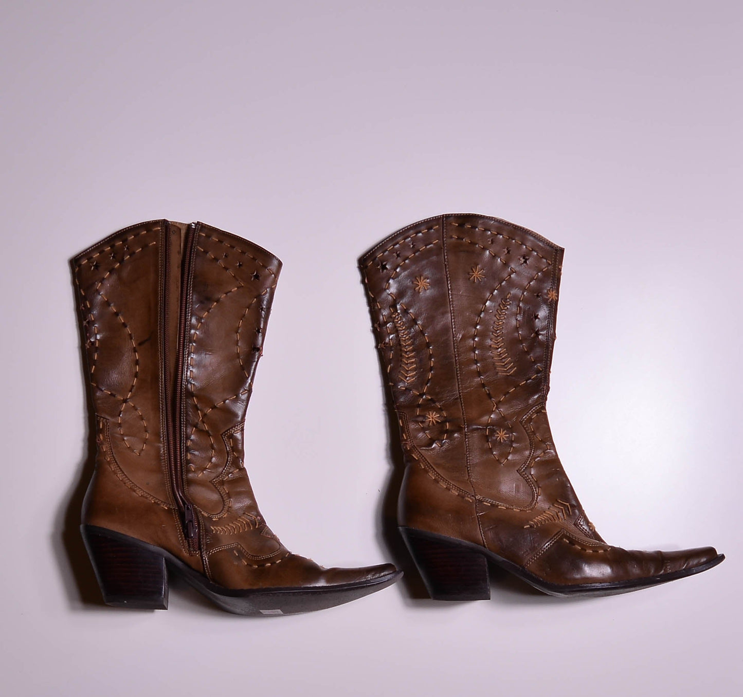 Brown Cowboy Boots /w Star Cutouts and Embroidery Details